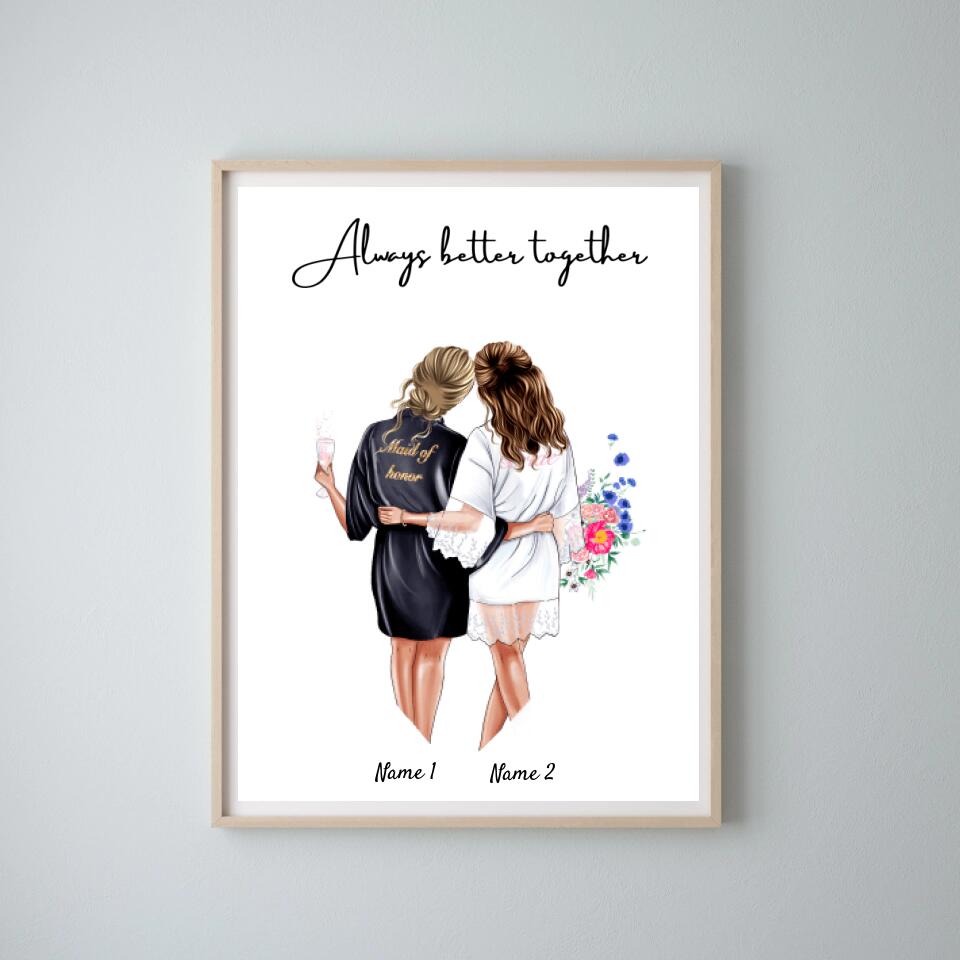 Mariée & demoiselle d'honneur en robes de satin - Poster Personnalisé pour les fiançailles/le mariage