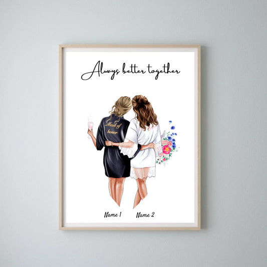 Mariée & demoiselle d'honneur en robes de satin - Poster Personnalisé pour les fiançailles/le mariage