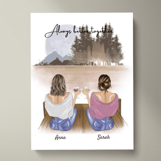 Beste vriendinnen/zussen met drankje - Gepersonaliseerde canvas (2-4 vrouwen)