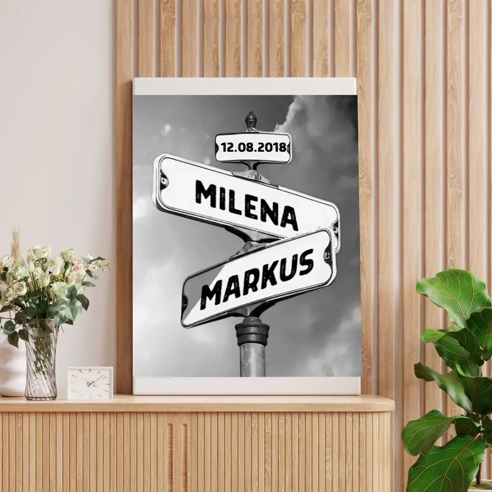 Vintage straatnaambord voor echtparen - Gepersonaliseerde poster of canvas zwart-wit