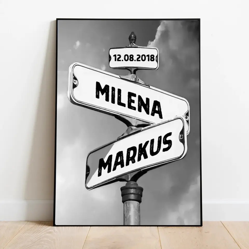Vintage straatnaambord voor echtparen - Gepersonaliseerde poster of canvas zwart-wit