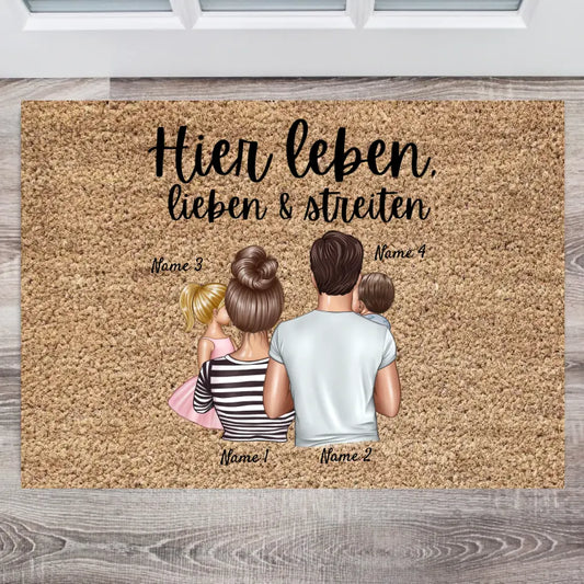 Live, love & argue here - Gepersonaliseerde deurmat met het hele gezin (1-4 kinderen)