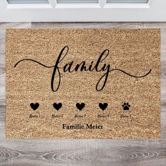 Familie harten - Gepersonaliseerde familie deurmat (2-8 personen, kinderen & honden, katten)