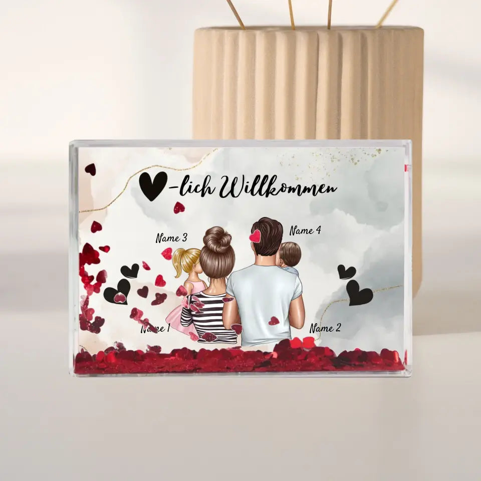 Cadre personnalisé à secouer - Notre famille (parents avec 1 à 4 enfants), boule à neige cadeau, confettis en forme de cœur