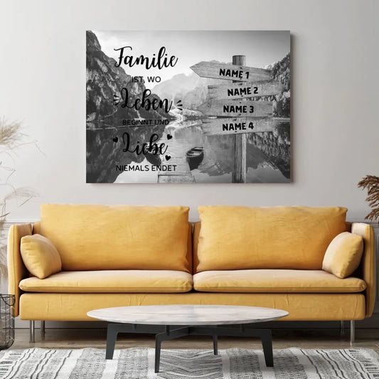La famille est là où la vie commence - Toile de famille personnalisée avec nom / plaque de chemin (2 - 8 personnes) noir-blanc