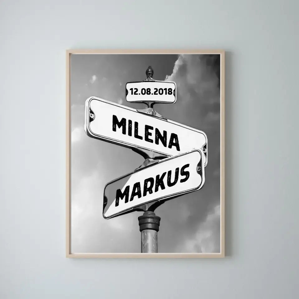 Vintage straatnaambord voor echtparen - Gepersonaliseerde poster of canvas zwart-wit