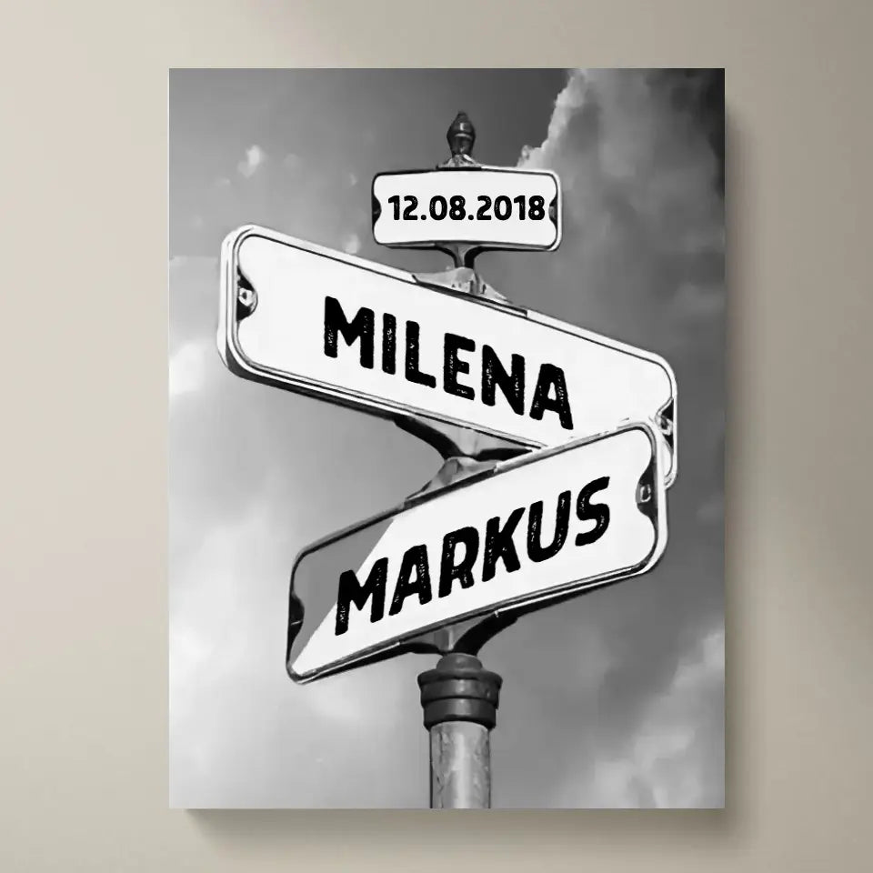 Vintage straatnaambord voor echtparen - Gepersonaliseerde poster of canvas zwart-wit