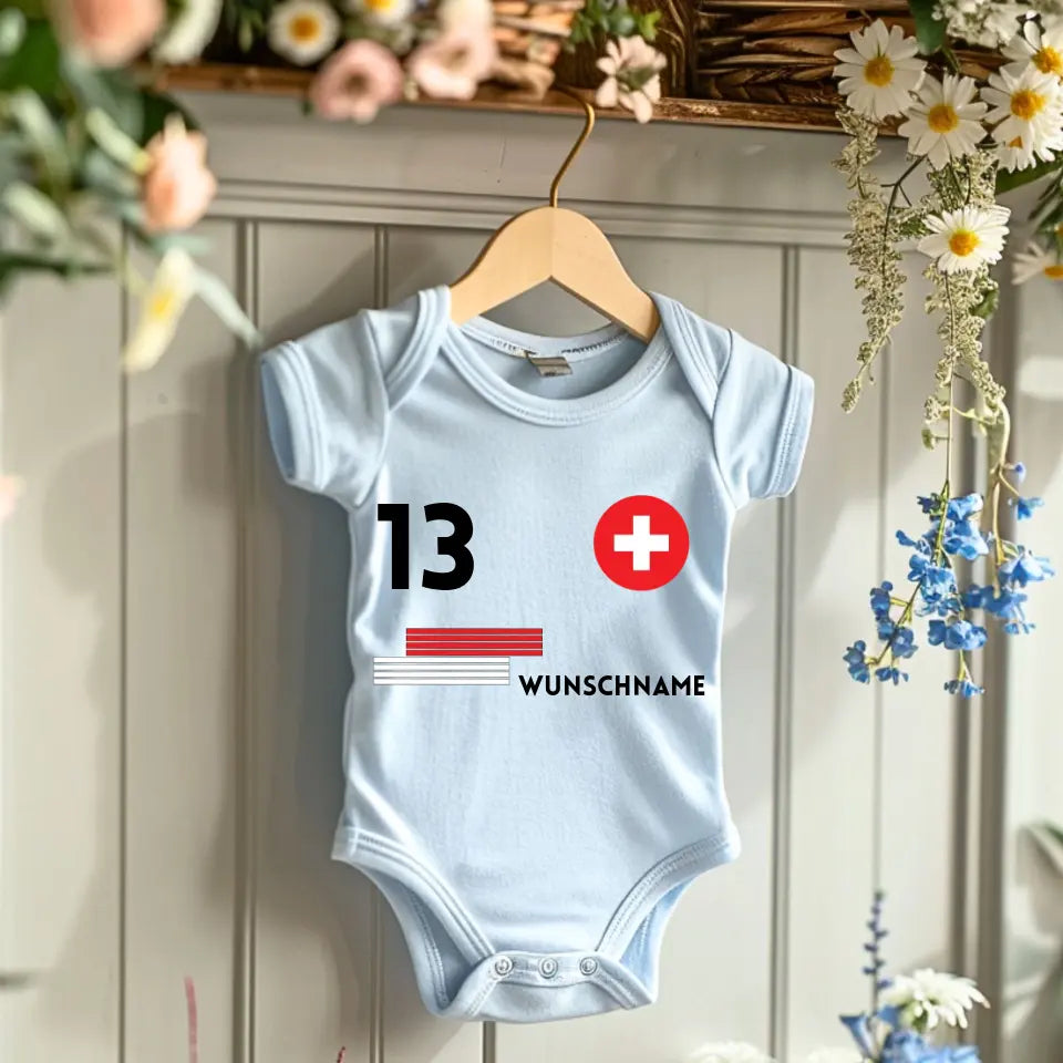 Zwitserland Voetbal - Gepersonaliseerd baby rompertje/rompertje, shirt met aanpasbare naam en rugnummer, babyrompertje van 100% biologisch katoen