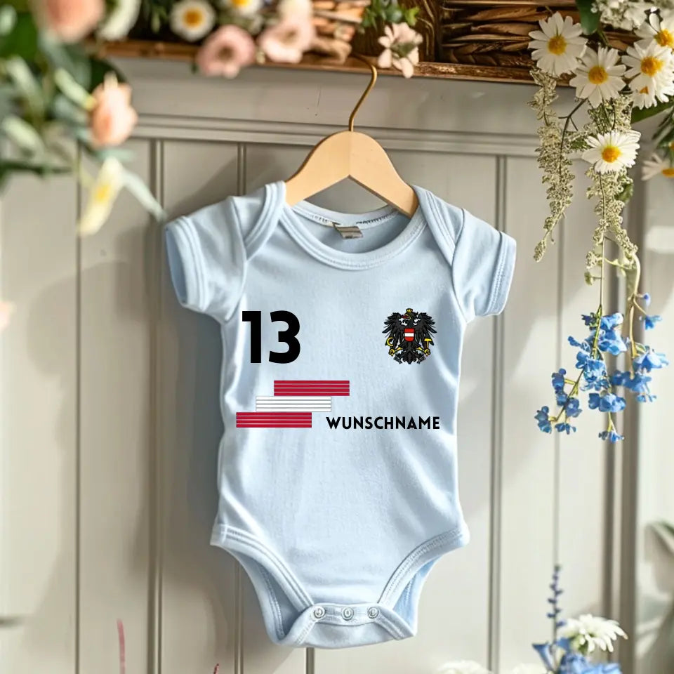 Voetbal Oostenrijk - Gepersonaliseerd baby rompertje/rompertje, shirt met aanpasbare naam en rugnummer, babyrompertje van 100% biologisch katoen