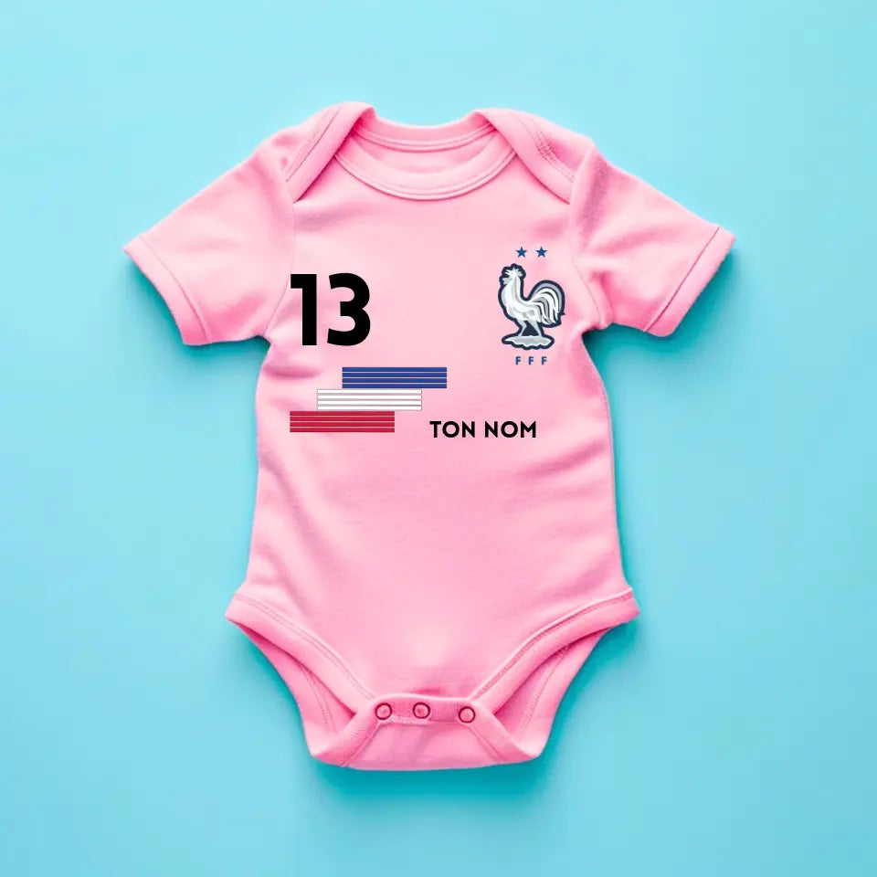 Maillot de foot France - Babyrompertje gepersonaliseerd met naam en nummer van gepersonaliseerd maillot, 100% biologisch katoen