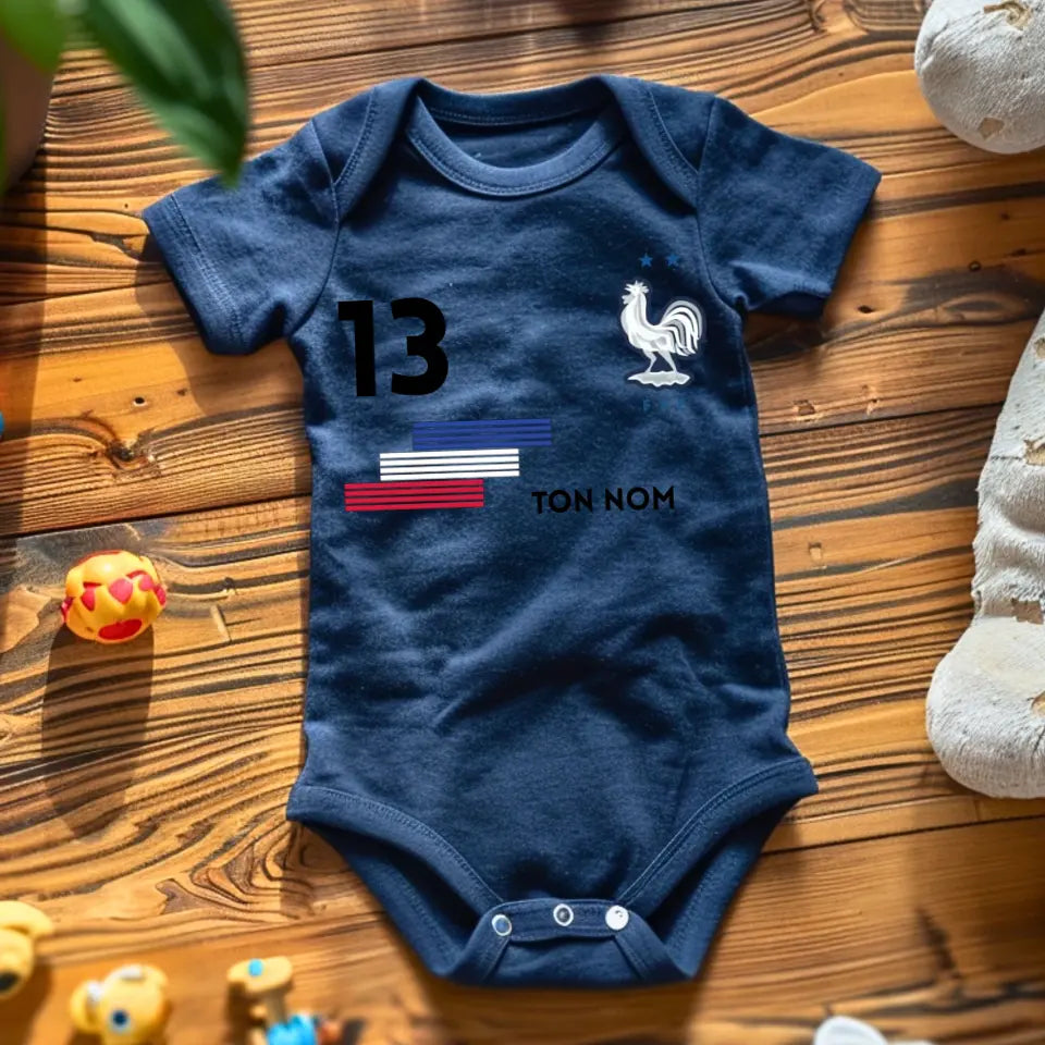Maillot de foot France - Babyrompertje gepersonaliseerd met naam en nummer van gepersonaliseerd maillot, 100% biologisch katoen