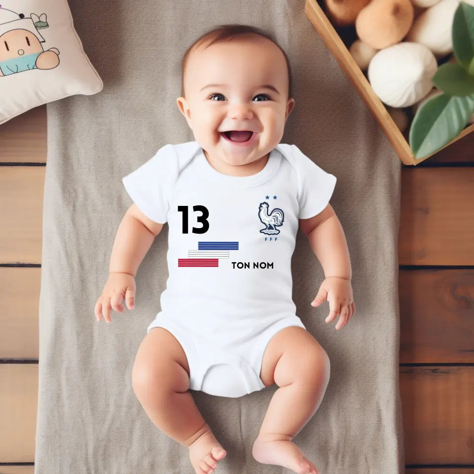 Maillot de foot France - Babyrompertje gepersonaliseerd met naam en nummer van gepersonaliseerd maillot, 100% biologisch katoen