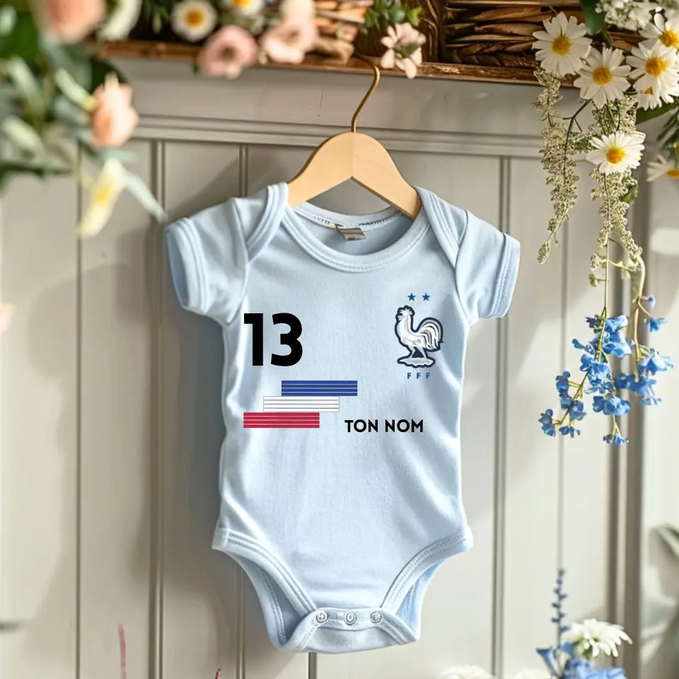 Maillot de foot France - Babyrompertje gepersonaliseerd met naam en nummer van gepersonaliseerd maillot, 100% biologisch katoen
