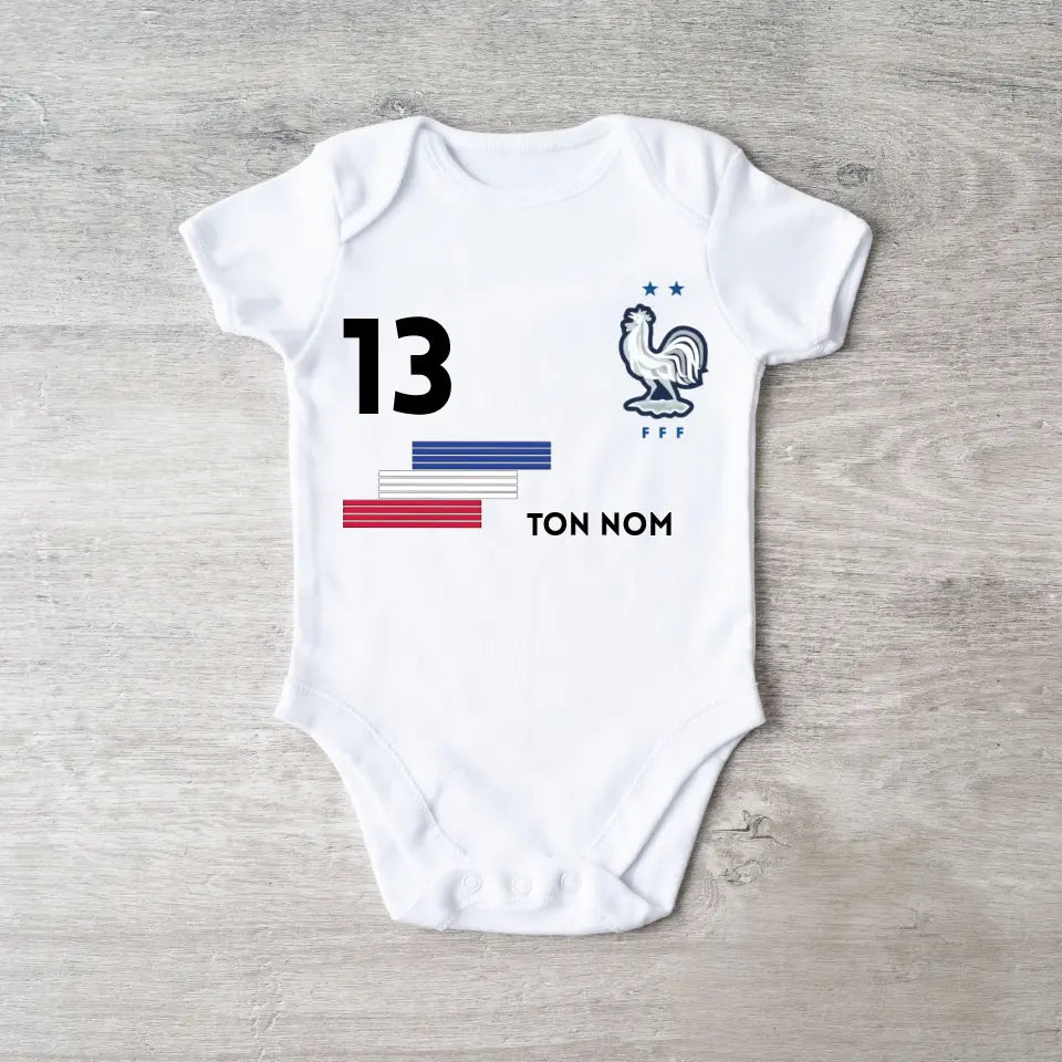 Maillot de foot France - Babyrompertje gepersonaliseerd met naam en nummer van gepersonaliseerd maillot, 100% biologisch katoen