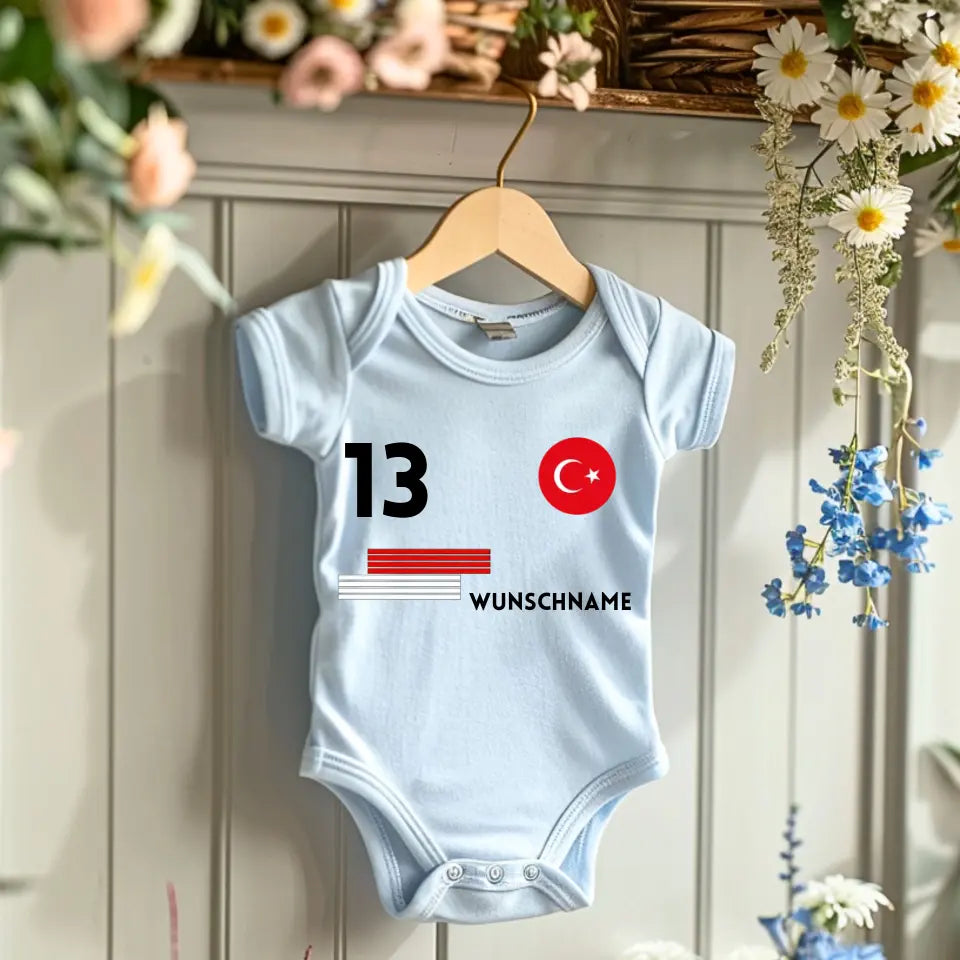 Football turc - Grenouillère/grenouillère personnalisée pour bébé, maillot avec nom et numéro personnalisables, body bébé 100 % coton biologique
