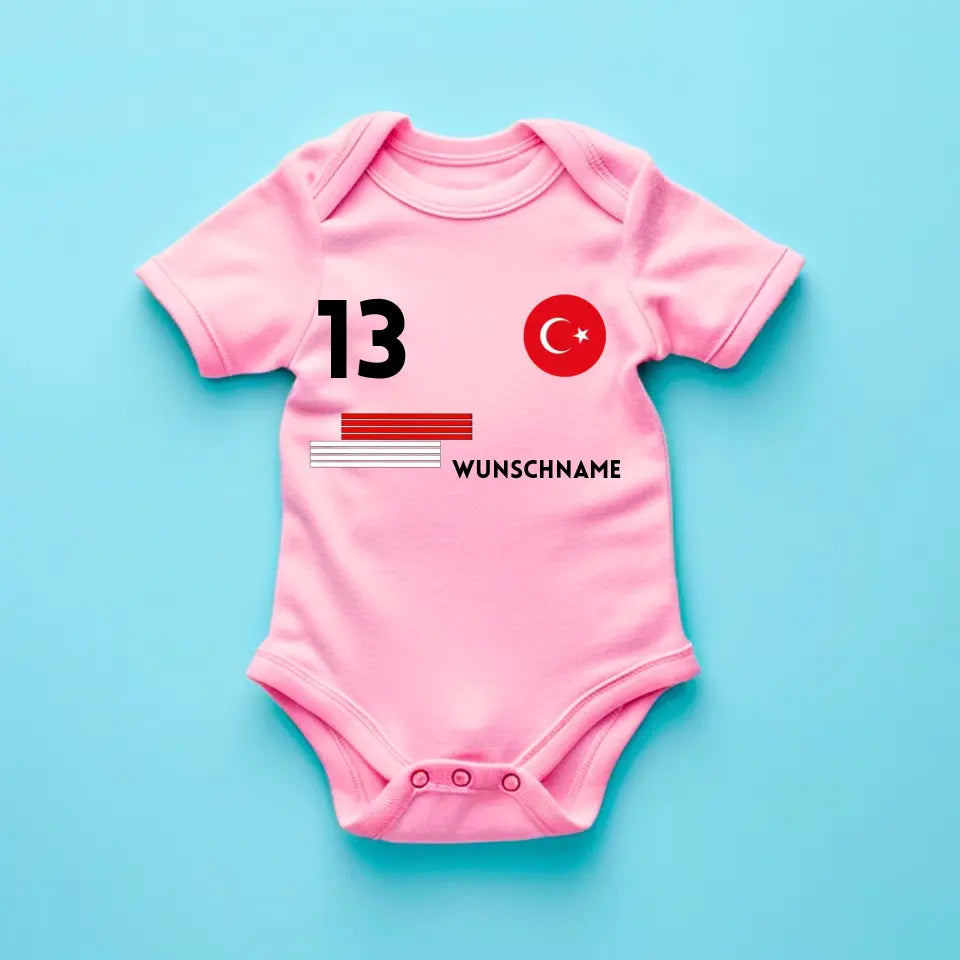 Football turc - Grenouillère/grenouillère personnalisée pour bébé, maillot avec nom et numéro personnalisables, body bébé 100 % coton biologique