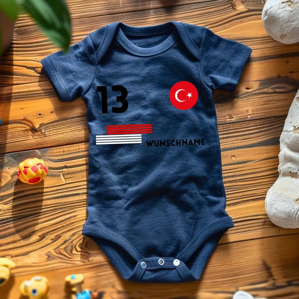 Football turc - Grenouillère/grenouillère personnalisée pour bébé, maillot avec nom et numéro personnalisables, body bébé 100 % coton biologique