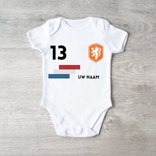 Voetbal Nederland - Gepersonaliseerde babyromper, shirt met aanpasbare naam en rugnummer, 100% biologisch katoenen babyromper