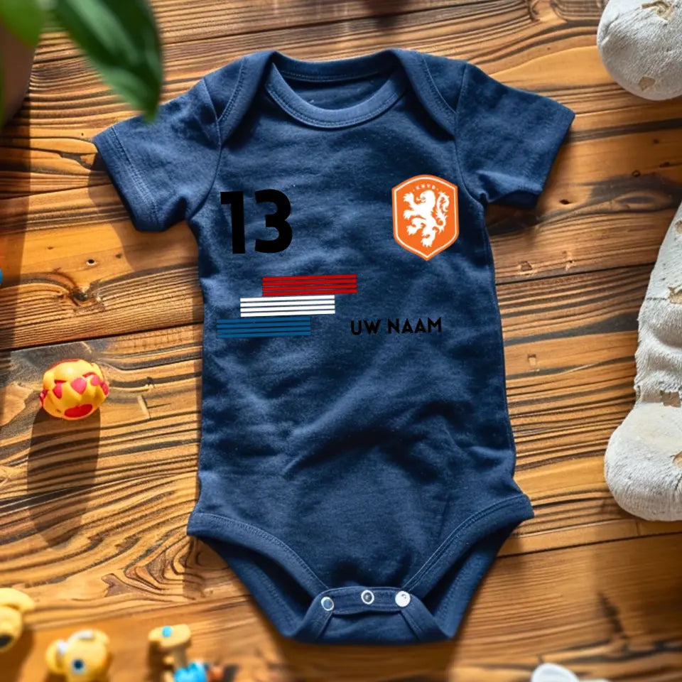Voetbal Nederland - Gepersonaliseerde babyromper, shirt met aanpasbare naam en rugnummer, 100% biologisch katoenen babyromper