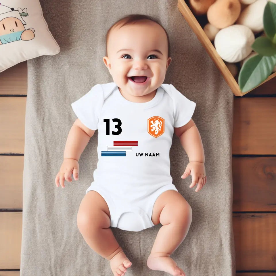 Voetbal Nederland - Gepersonaliseerde babyromper, shirt met aanpasbare naam en rugnummer, 100% biologisch katoenen babyromper