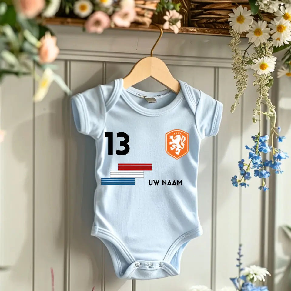 Voetbal Nederland - Gepersonaliseerde babyromper, shirt met aanpasbare naam en rugnummer, 100% biologisch katoenen babyromper