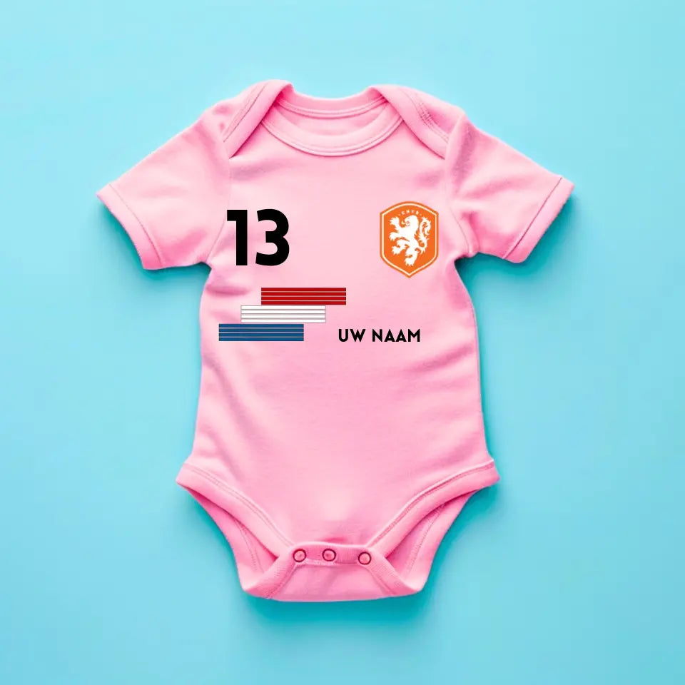 Voetbal Nederland - Gepersonaliseerde babyromper, shirt met aanpasbare naam en rugnummer, 100% biologisch katoenen babyromper