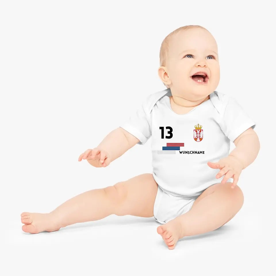 Voetbal Servië - Gepersonaliseerd baby rompertje/rompertje, shirt met aanpasbare naam en nummer, babyrompertje van 100% biologisch katoen