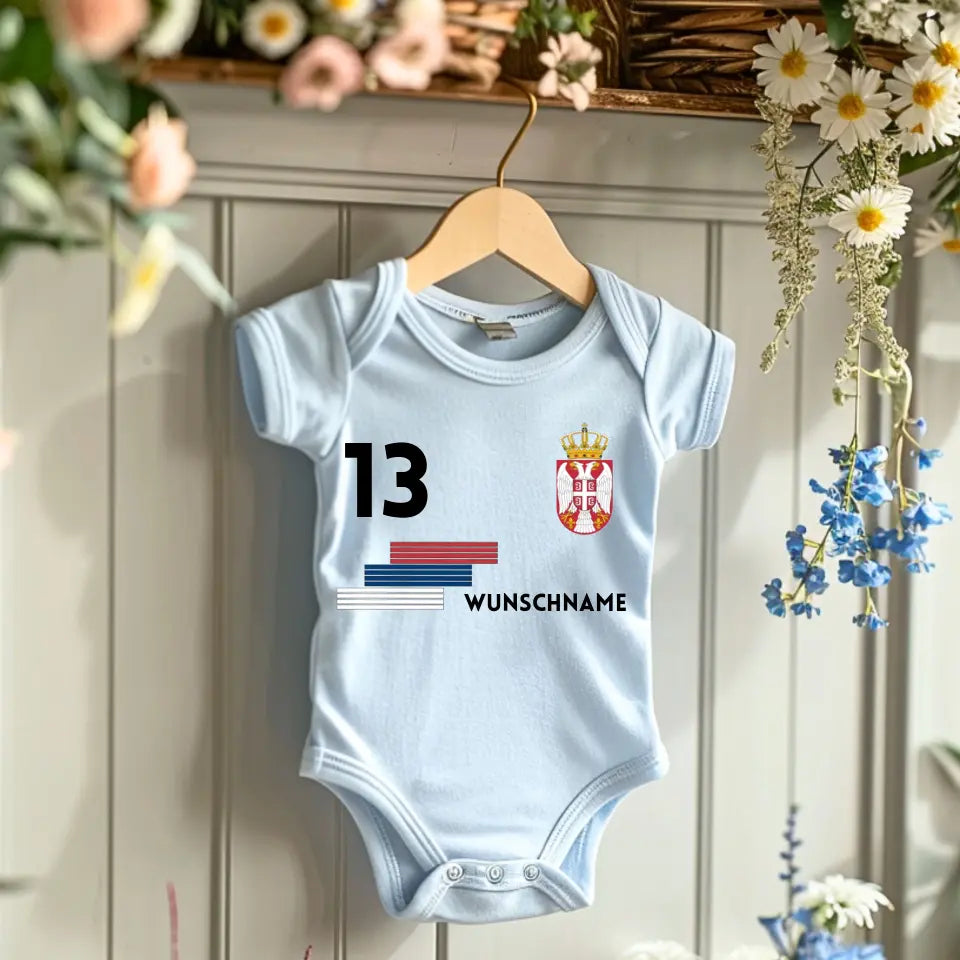 Voetbal Servië - Gepersonaliseerd baby rompertje/rompertje, shirt met aanpasbare naam en nummer, babyrompertje van 100% biologisch katoen