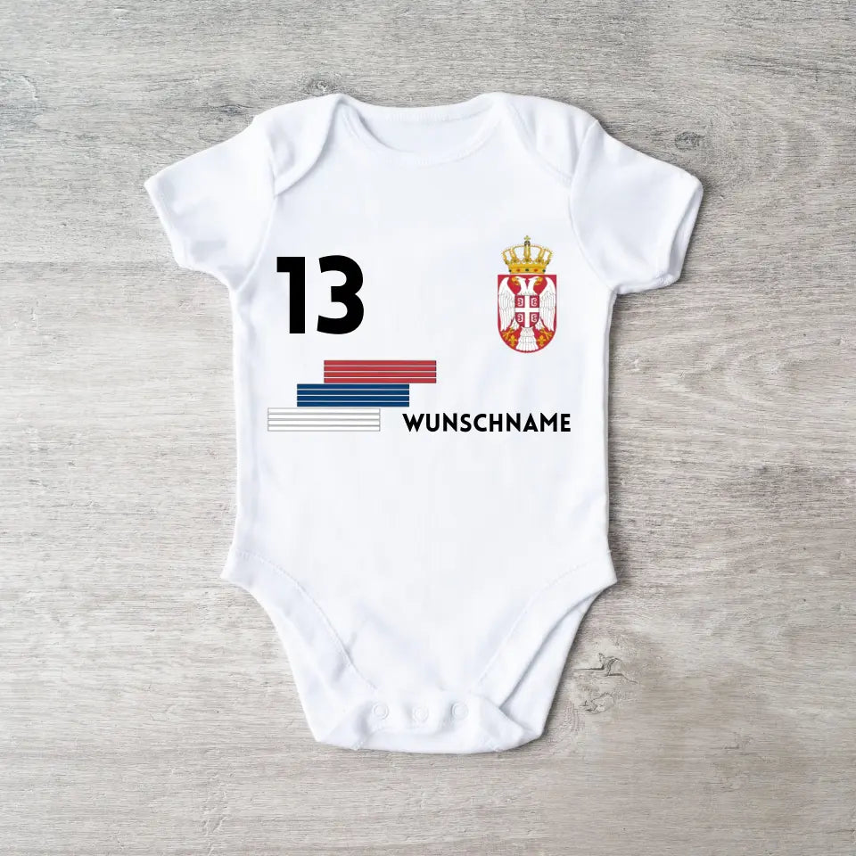 Voetbal Servië - Gepersonaliseerd baby rompertje/rompertje, shirt met aanpasbare naam en nummer, babyrompertje van 100% biologisch katoen