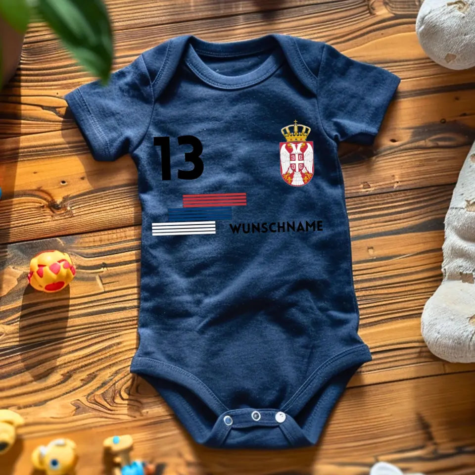 Voetbal Servië - Gepersonaliseerd baby rompertje/rompertje, shirt met aanpasbare naam en nummer, babyrompertje van 100% biologisch katoen