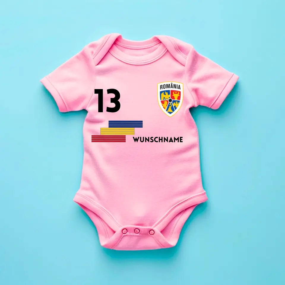 Football Roumanie - Grenouillère bébé personnalisée, maillot avec nom et numéro personnalisables, body bébé 100 % coton biologique