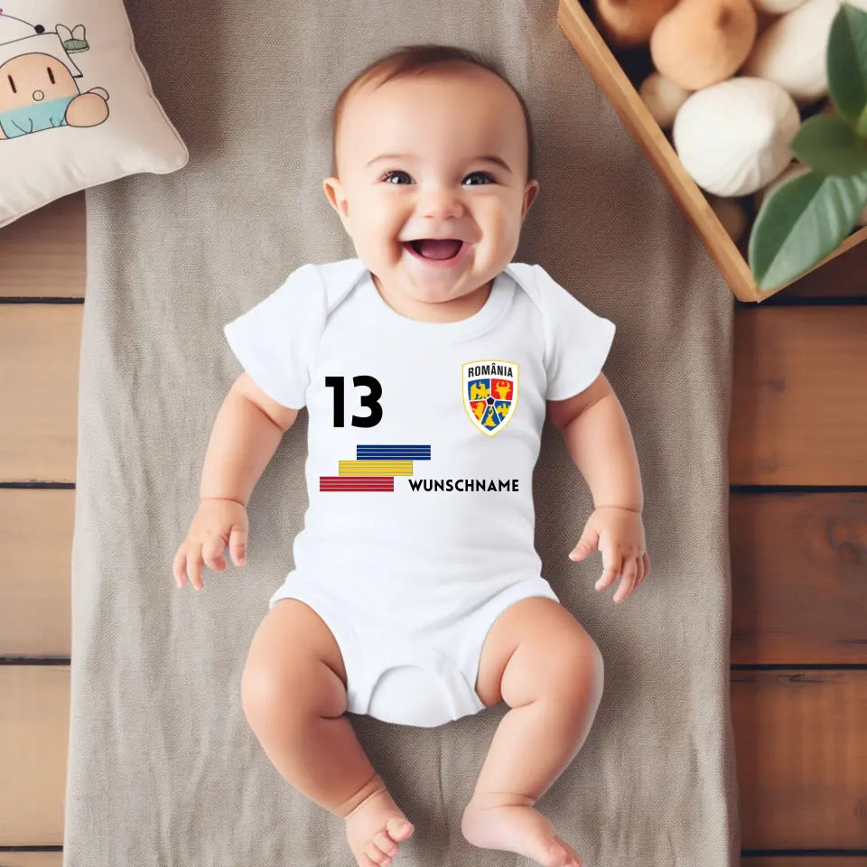 Football Roumanie - Grenouillère bébé personnalisée, maillot avec nom et numéro personnalisables, body bébé 100 % coton biologique