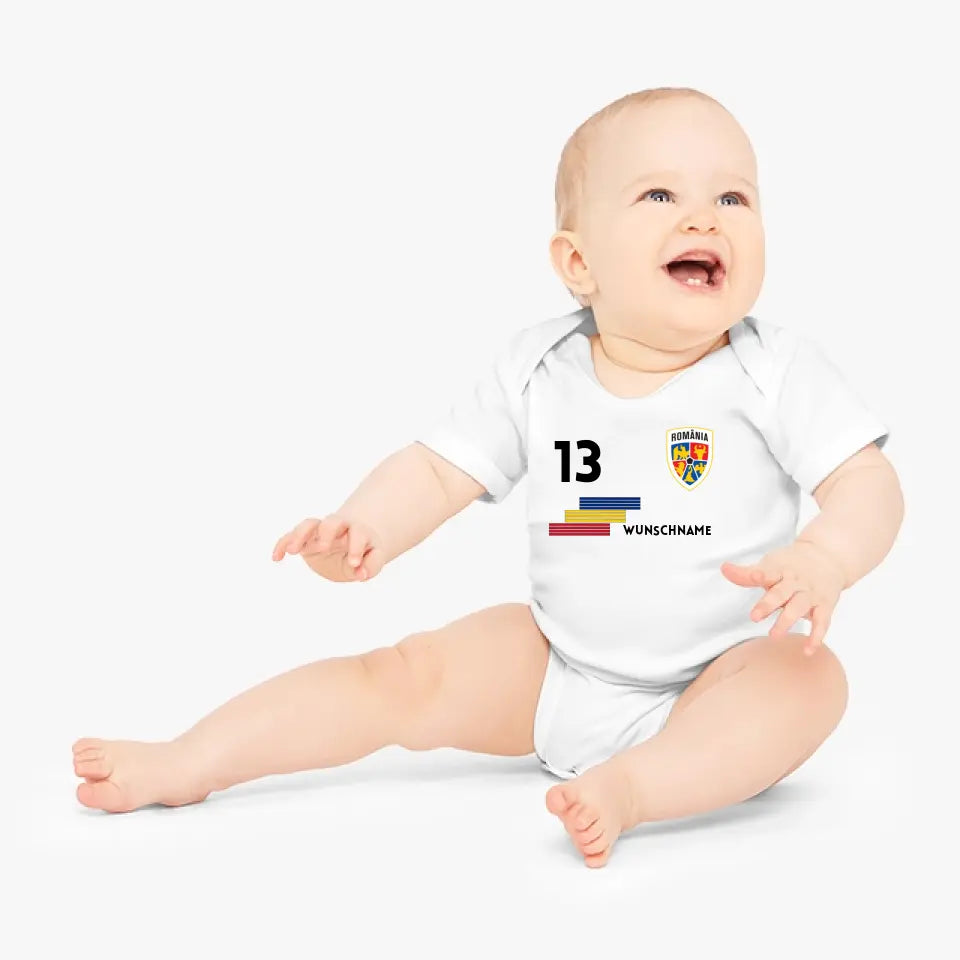 Football Roumanie - Grenouillère bébé personnalisée, maillot avec nom et numéro personnalisables, body bébé 100 % coton biologique