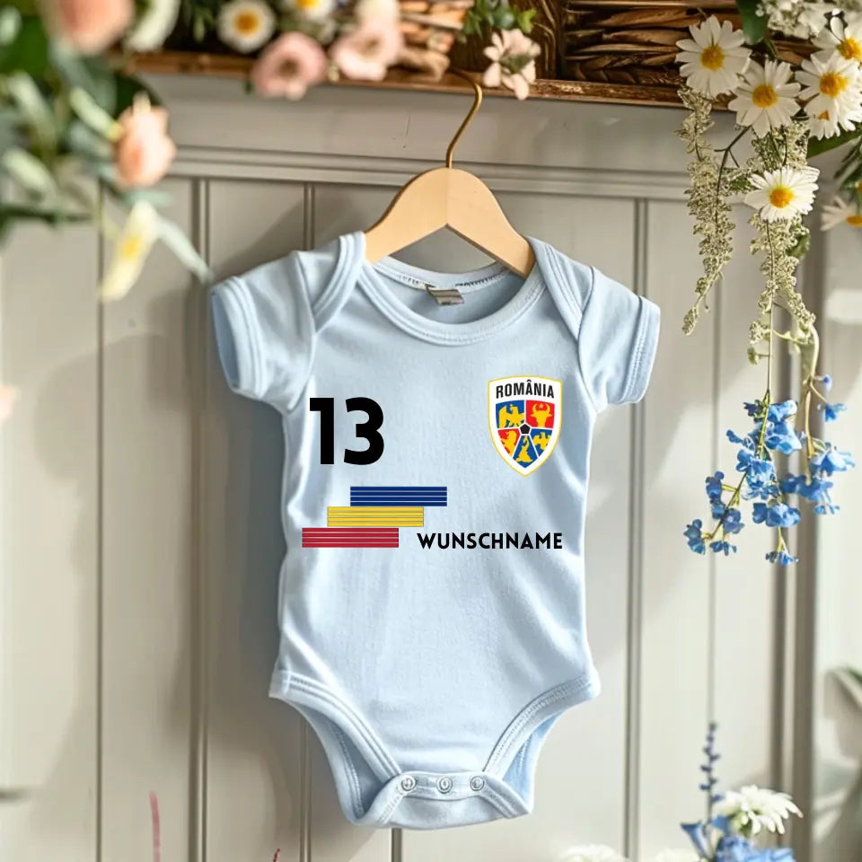 Football Roumanie - Grenouillère bébé personnalisée, maillot avec nom et numéro personnalisables, body bébé 100 % coton biologique