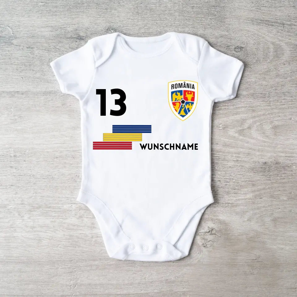 Football Roumanie - Grenouillère bébé personnalisée, maillot avec nom et numéro personnalisables, body bébé 100 % coton biologique