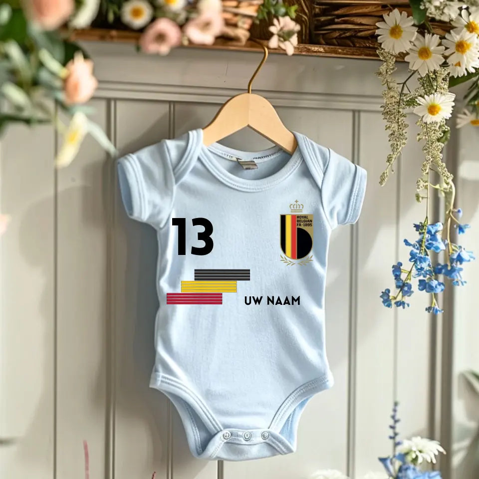België voetbalshirt - Gepersonaliseerd babyrompertje met naam en rugnummer, 100% biologisch katoen