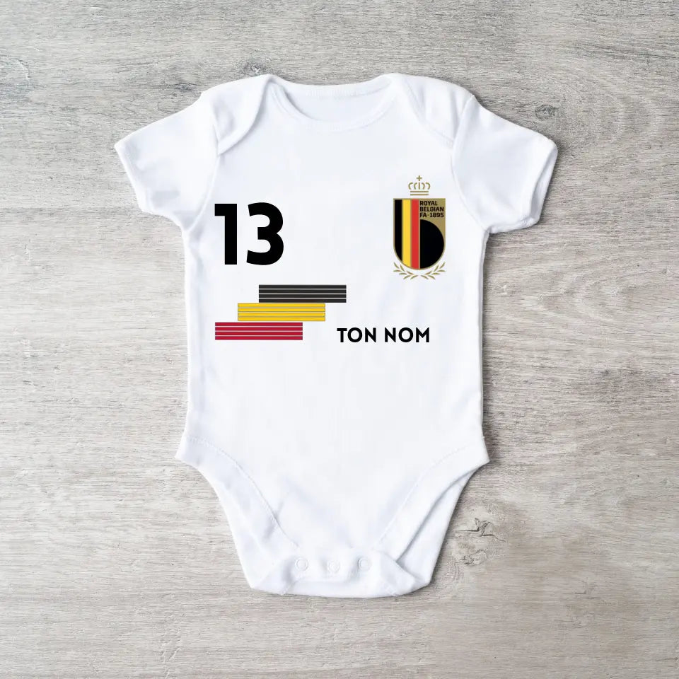 Maillot de foot Belgisch - Baby body gepersonaliseerd met naam en nummer van maillot gepersonaliseerd, 100% biologisch katoen