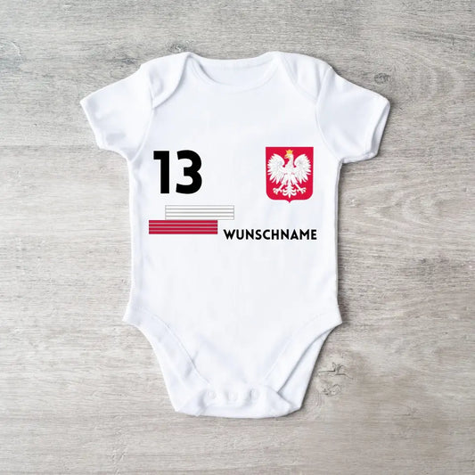 Fussball Polen - Personalisierter Baby-Onesie/ Strampler, Trikot mit anpassbarem Namen und Trikotnummer, 100% Bio-Baumwolle Baby Body