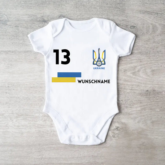 Voetbal Oekraïne - Gepersonaliseerd baby rompertje/rompertje, shirt met aanpasbare naam en nummer, babyrompertje van 100% biologisch katoen