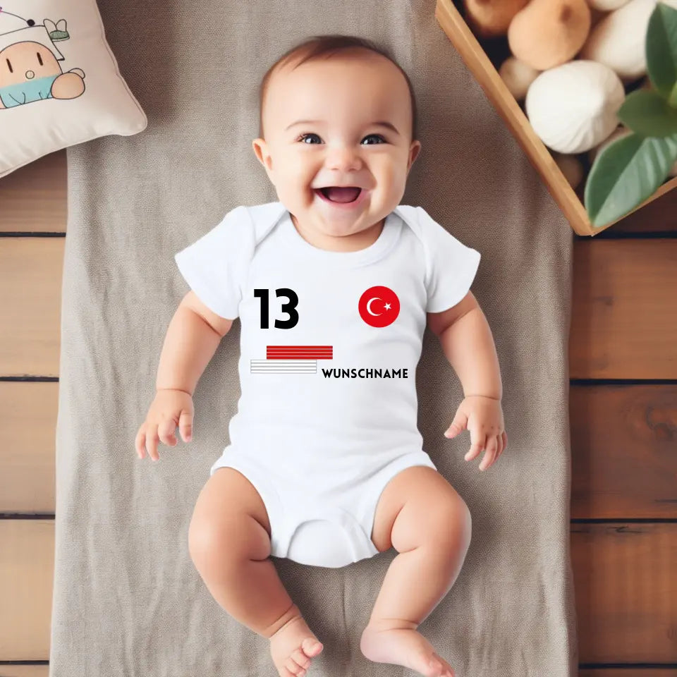 Football turc - Grenouillère/grenouillère personnalisée pour bébé, maillot avec nom et numéro personnalisables, body bébé 100 % coton biologique