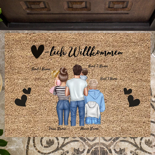 Bienvenue - Paillasson familial personnalisé (Adultes avec 1 à 4 enfants, adolescents)
