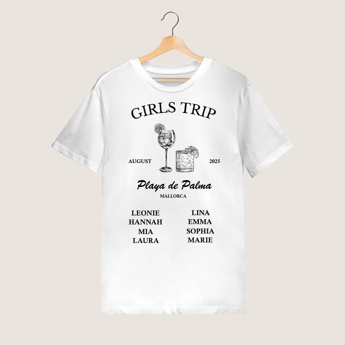 Girls Trip - Gepersonaliseerd T-shirt voor vriendinnen, vrijgezellenfeest, vakantie, team (100% katoen, unisex)