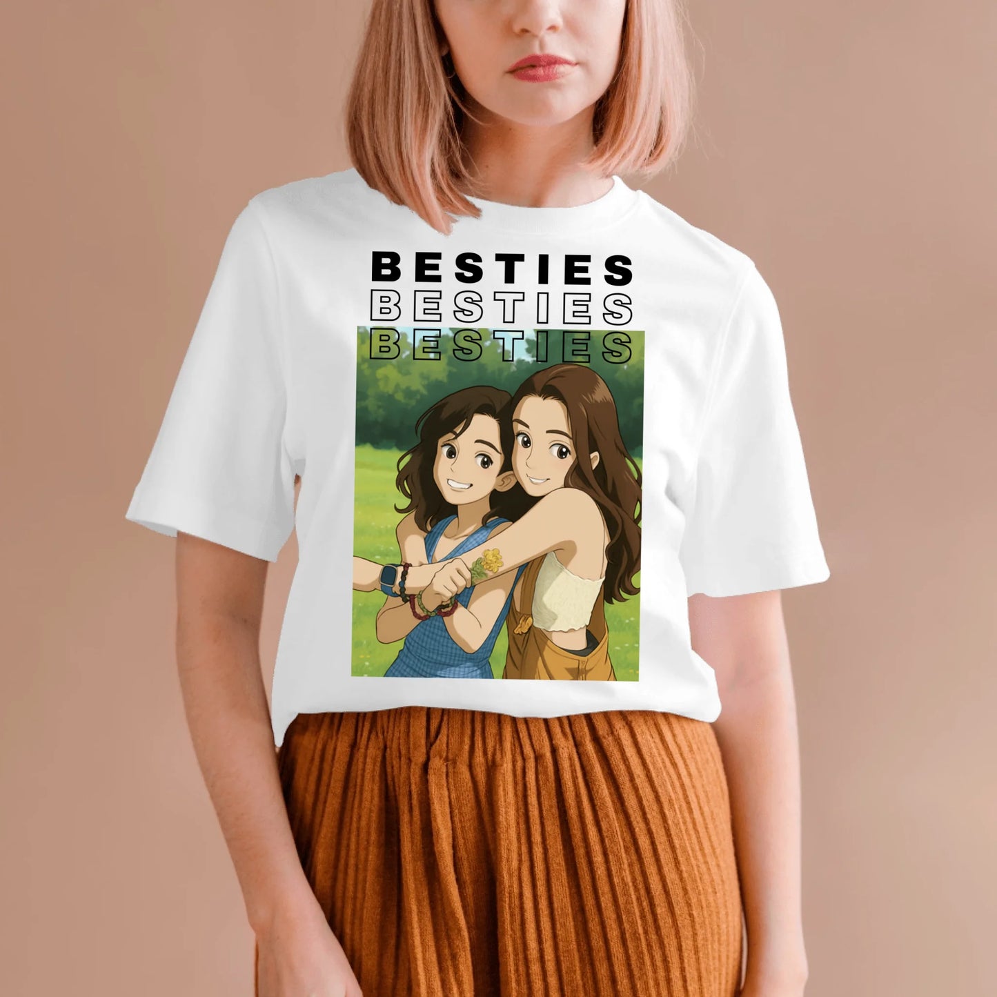 Afbeelding als strip-/animetekening - Gepersonaliseerd foto T-shirt Besties (100% katoen, unisex)