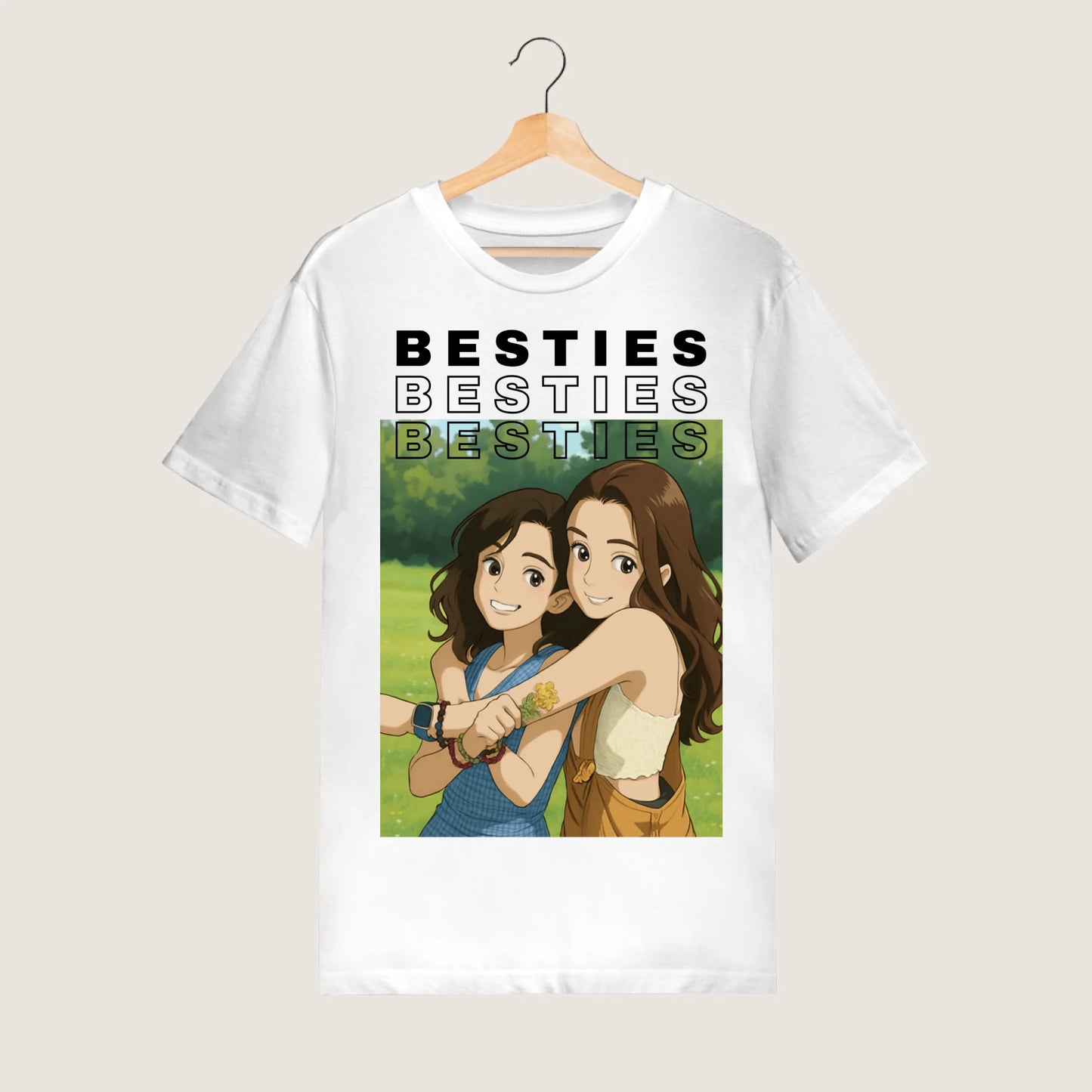Afbeelding als strip-/animetekening - Gepersonaliseerd foto T-shirt Besties (100% katoen, unisex)