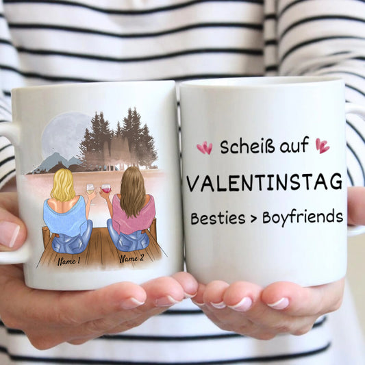 Vriendinnen boven vriendjes, Valentijnsdag kan me gestolen worden - Gepersonaliseerde mok (2-4 personen) voor vriendinnen, collega's, broers en zussen