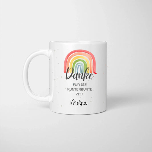 Danke für die kunterbunte Zeit - Personalisierte Tasse, Abschiedsgeschenk, Erzieher, Kindergarten, Kita, Schule, Lehrer, Tagesmutter, etc.