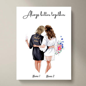 Braut & Trauzeugin in Satin Roben- Personalisiertes Poster zur Verlobung/Hochzeit