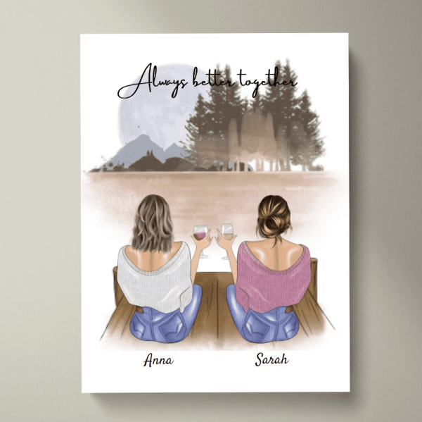 Beste vriendinnen/zussen met drankje - Gepersonaliseerde canvas (2-4 vrouwen)