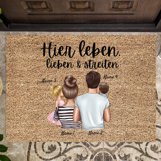Live, love & argue here - Gepersonaliseerde deurmat met het hele gezin (1-4 kinderen)