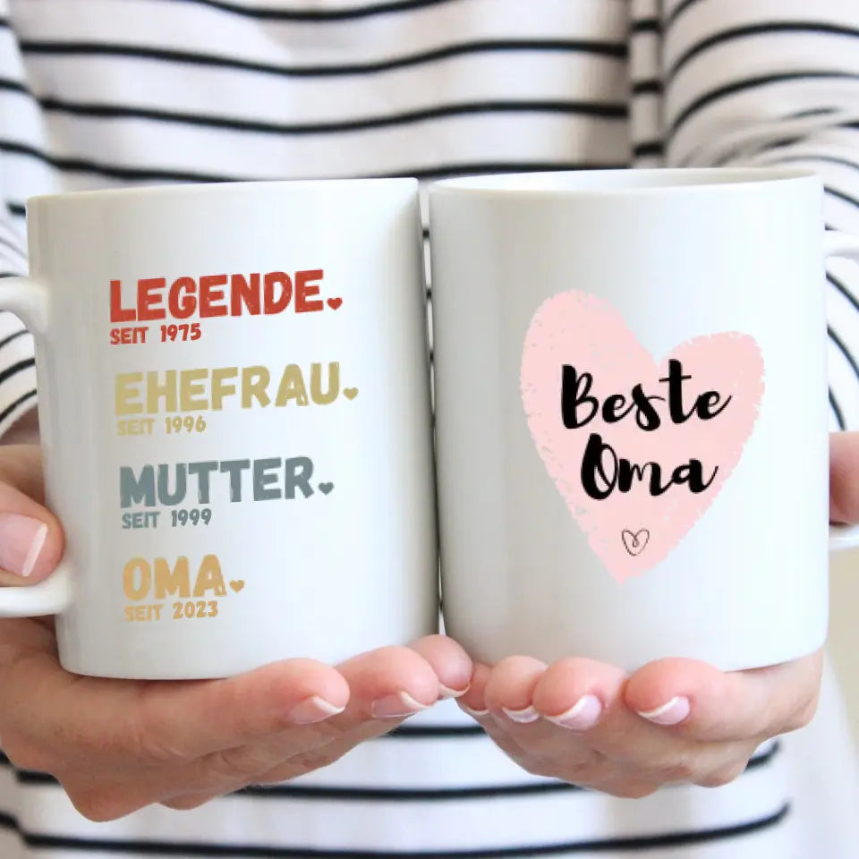 Oma, Legende seit - Personalisierte Tasse für Mütter, Großmütter (Mutter seit, Oma seit, Jahreszahlen)